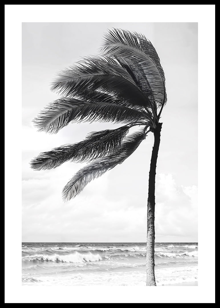 A palm tree sways softly in the winds against a stormy sea-12