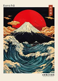 A majestic volcano under an intensely red sky with powerful waves-1
