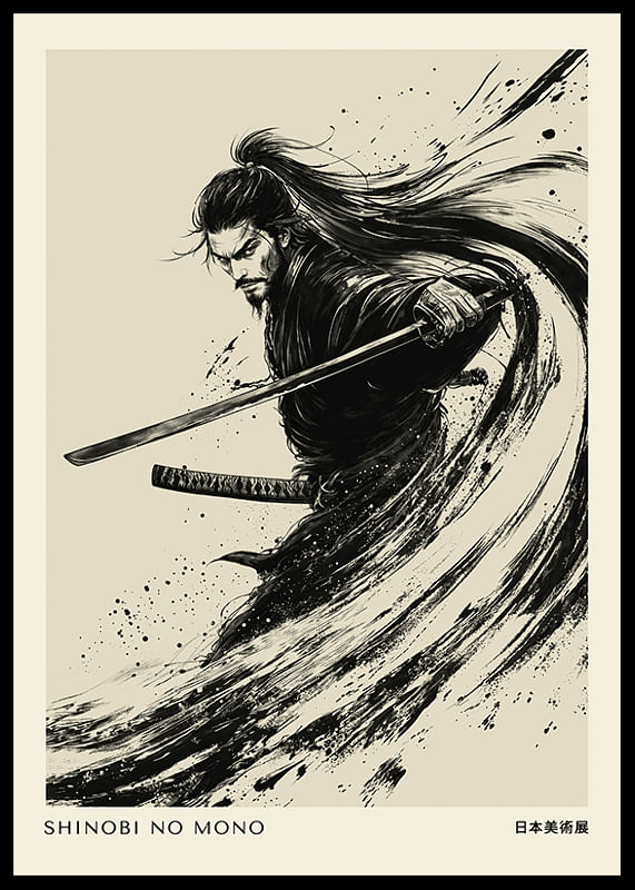 Un samurai dinamic surprins cu cerneală alb-negru magistrală-12
