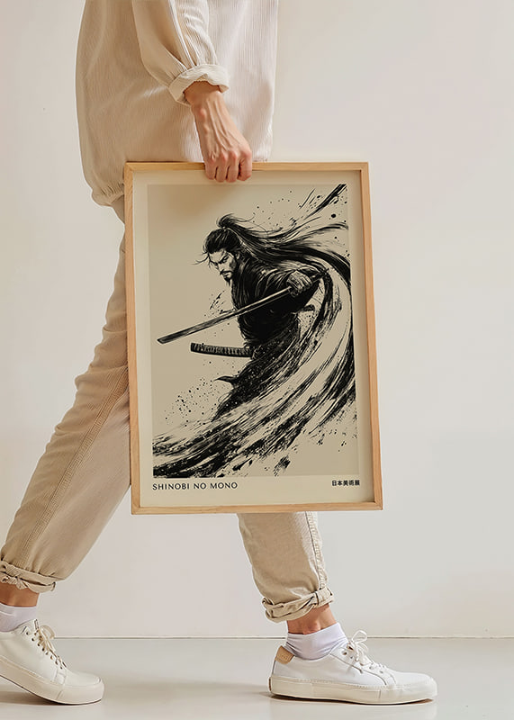 A dynamic samurai captured in masterful black and white ink-12