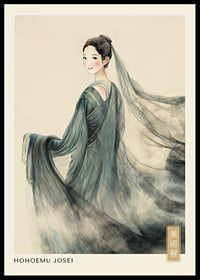 An elegant woman in traditional costume with flowing fabric and gentle gaze-0
