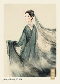 An elegant woman in traditional costume with flowing fabric and gentle gaze-1