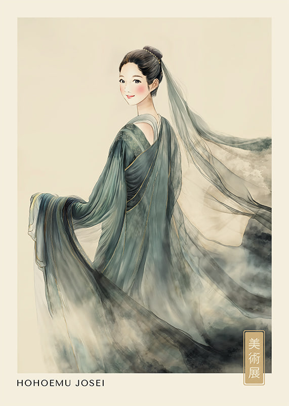An elegant woman in traditional costume with flowing fabric and gentle gaze-12