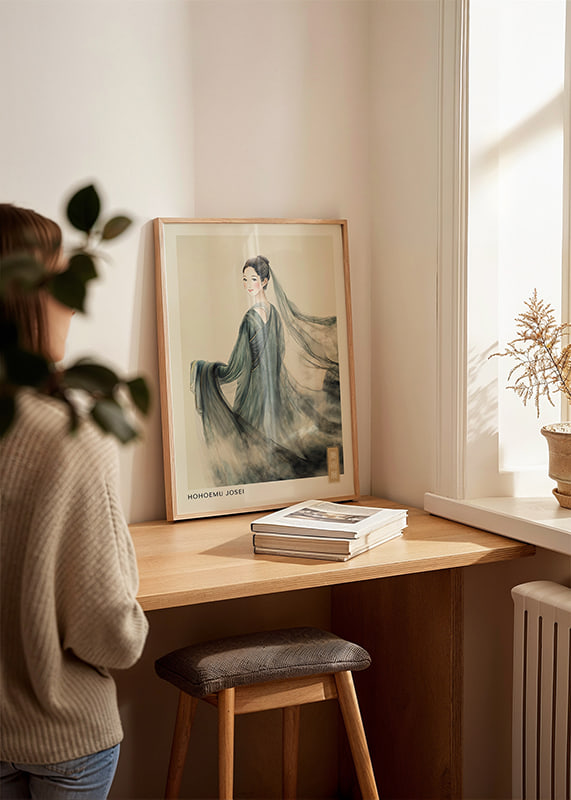 An elegant woman in traditional costume with flowing fabric and gentle gaze-12