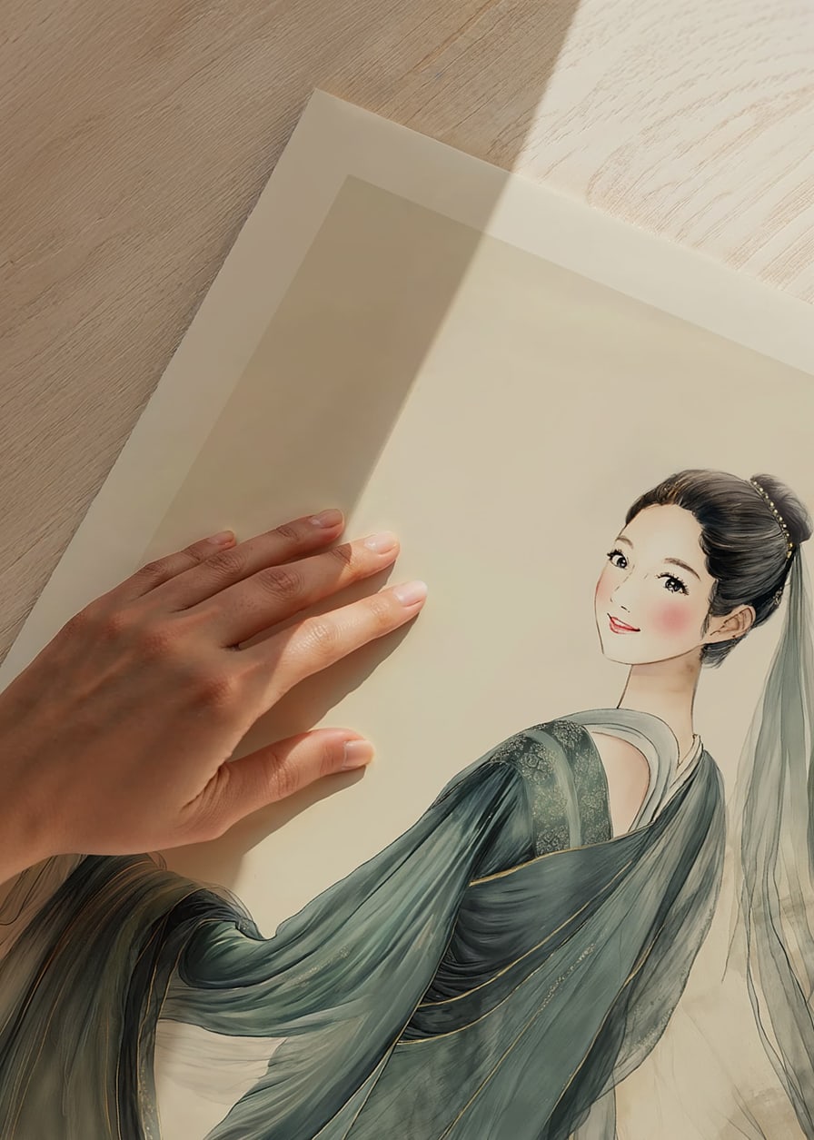 An elegant woman in traditional costume with flowing fabric and gentle gaze-12