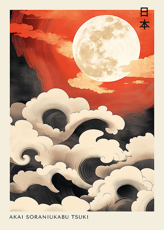 Poster Akai Soraniukabu Tsuki Japandi