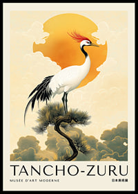 A stylish crane balances against a majestic golden sunset-0
