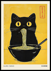 A cat with big eyes slurps noodles against a yellow background-0