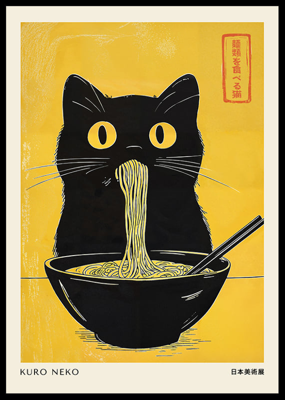 A cat with big eyes slurps noodles against a yellow background-12