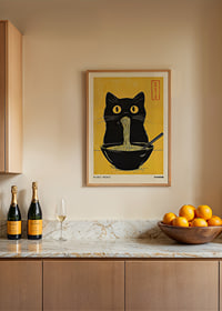 A cat with big eyes slurps noodles against a yellow background-2