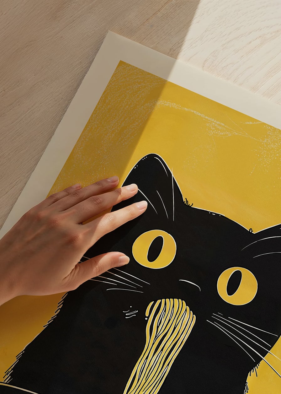 A cat with big eyes slurps noodles against a yellow background-12