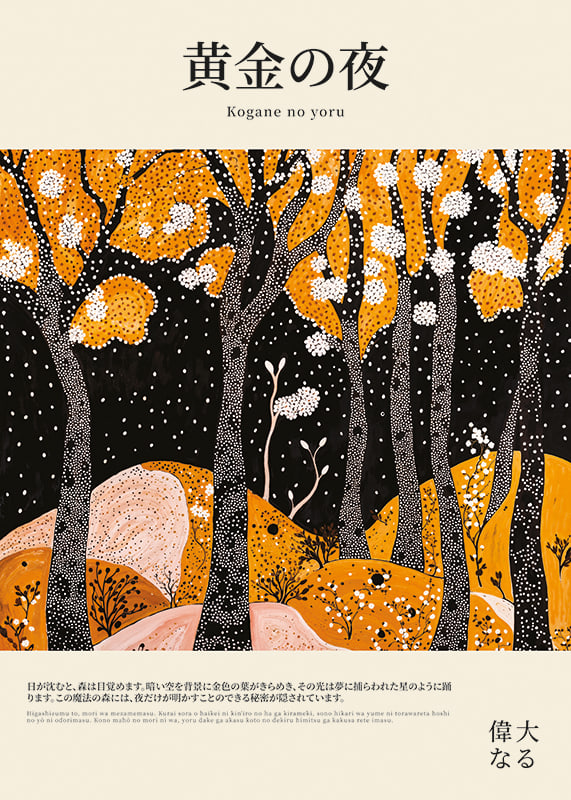 A golden forest shines in the darkness of the night and invites you to magic-12