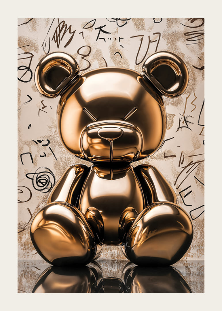 Guldig leksaksdjur i glansig finish mot konstnärlig bakgrund-12