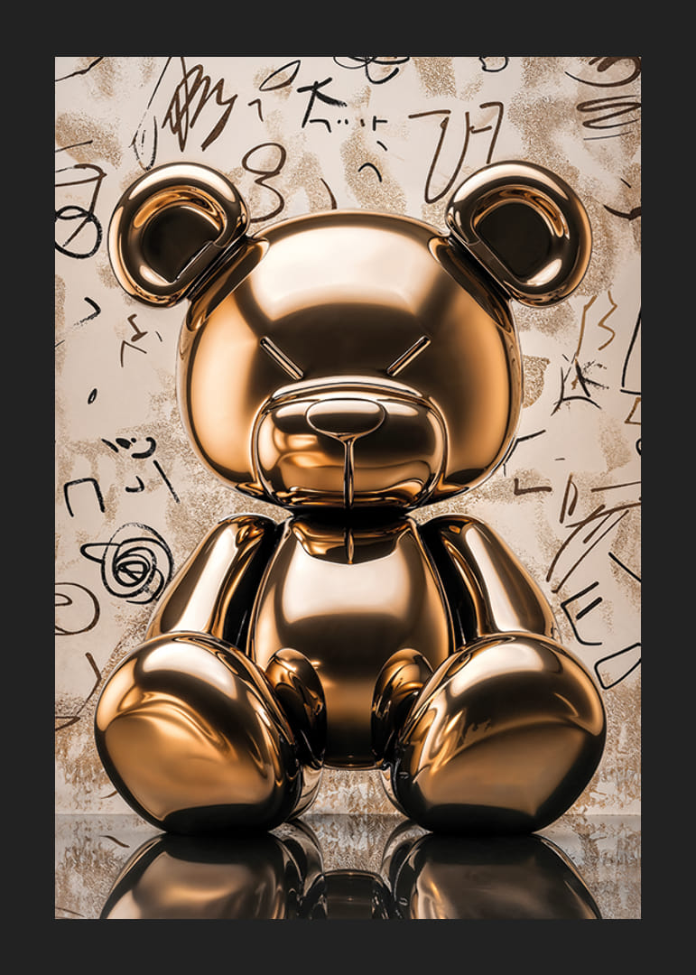 Guldig leksaksdjur i glansig finish mot konstnärlig bakgrund-12