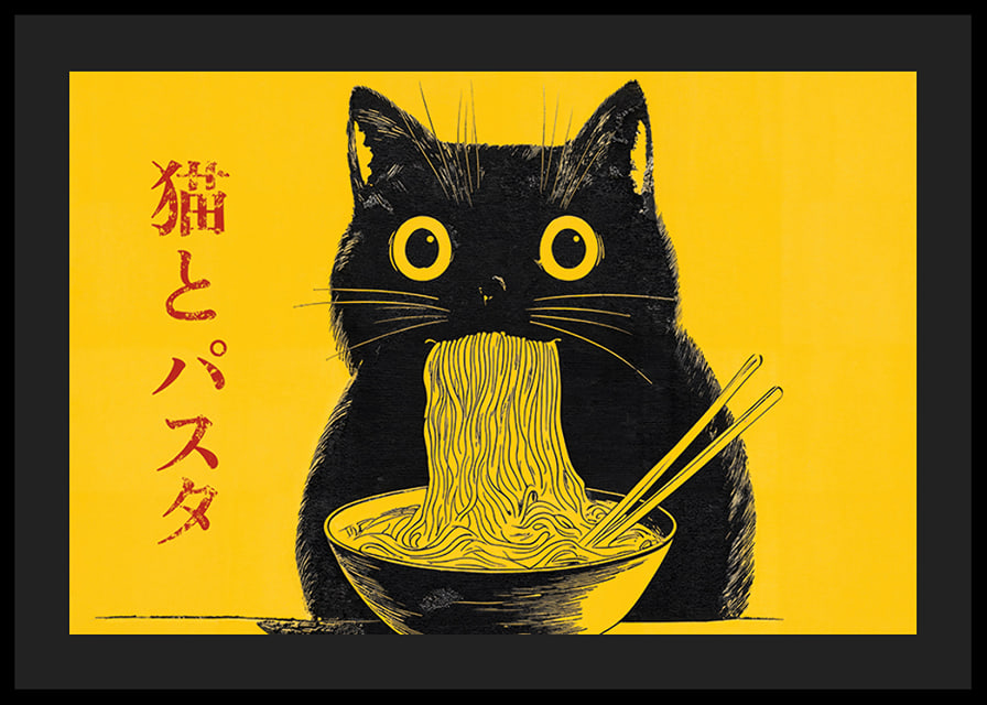 En katt njuter av en skål med nudlar - stil och humor möts-12