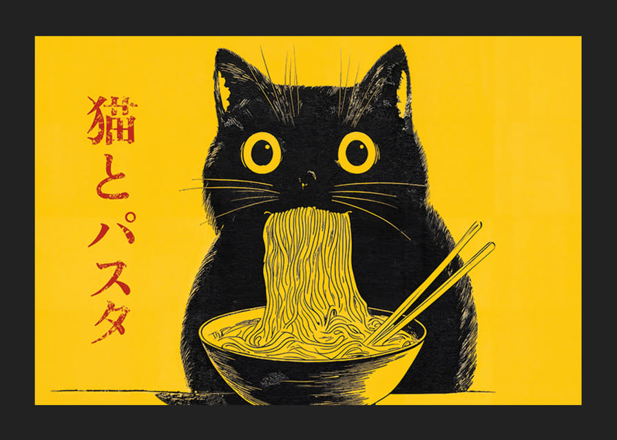 A cat enjoys a bowl of noodles - style and humor meet-12