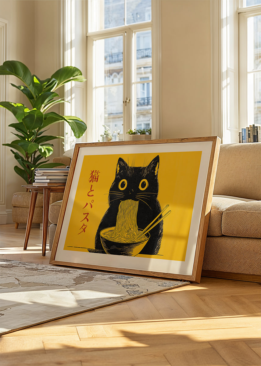 En katt njuter av en skål med nudlar - stil och humor möts-12