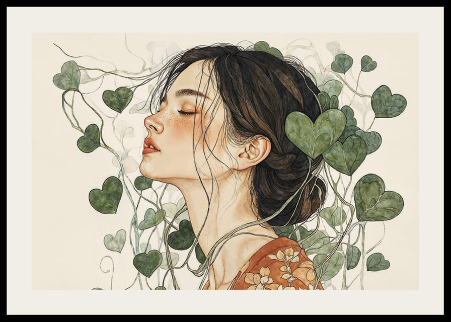 En kvinna omgiven av hjärtformade löv i en harmonisk väv-12