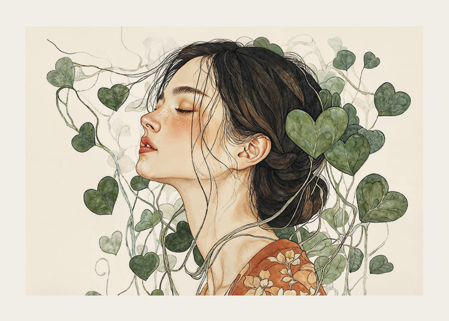 En kvinna omgiven av hjärtformade löv i en harmonisk väv-12