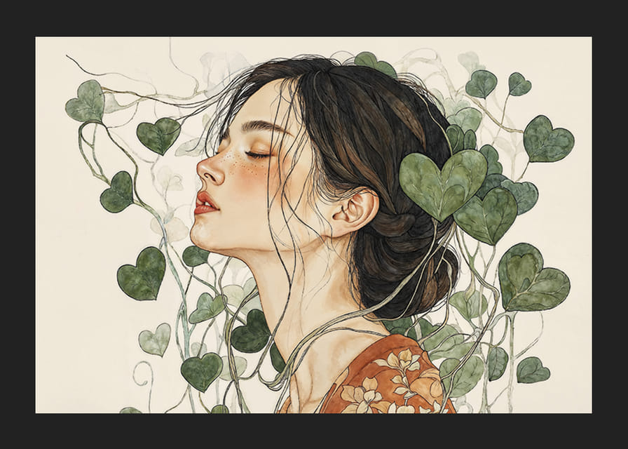 En kvinna omgiven av hjärtformade löv i en harmonisk väv-12