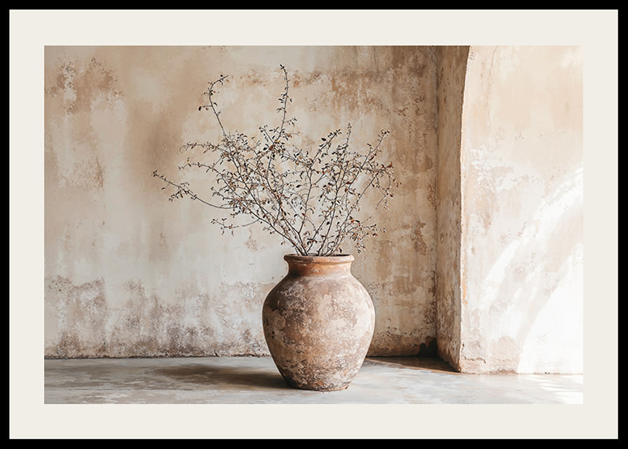 A rustic pot with twigs against a softly patinated wall-12