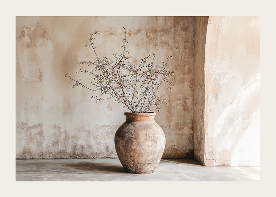 A rustic pot with twigs against a softly patinated wall-12