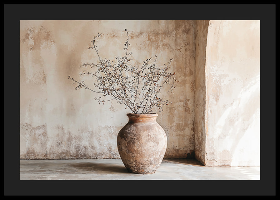 A rustic pot with twigs against a softly patinated wall-12