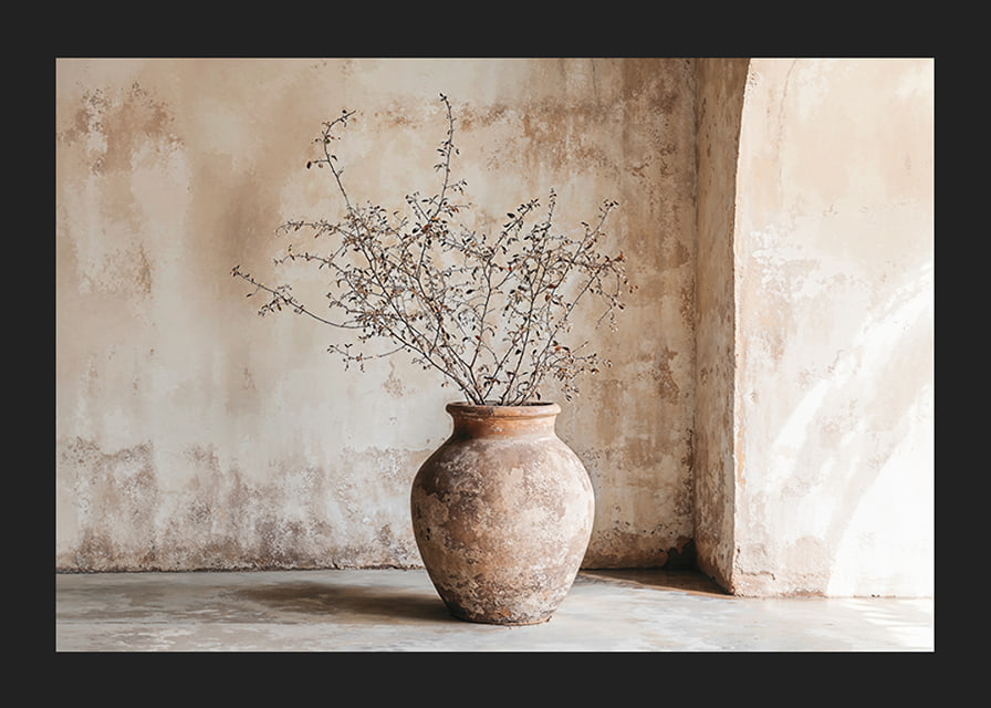 A rustic pot with twigs against a softly patinated wall-12