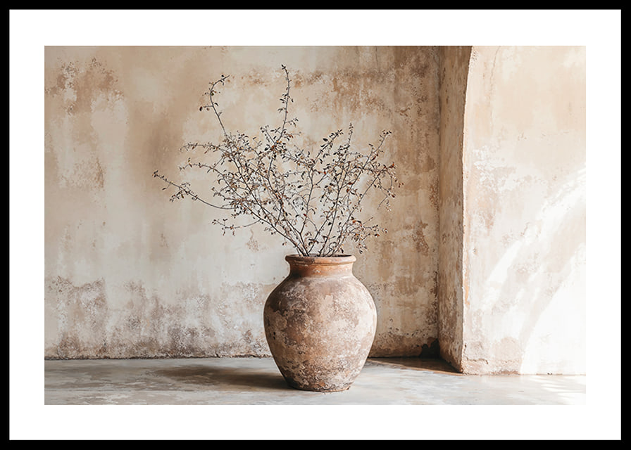 A rustic pot with twigs against a softly patinated wall-12