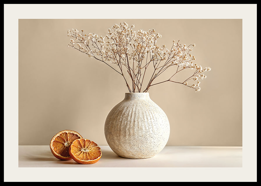 Elegant poster with a rustic vase and sliced ​​oranges-12
