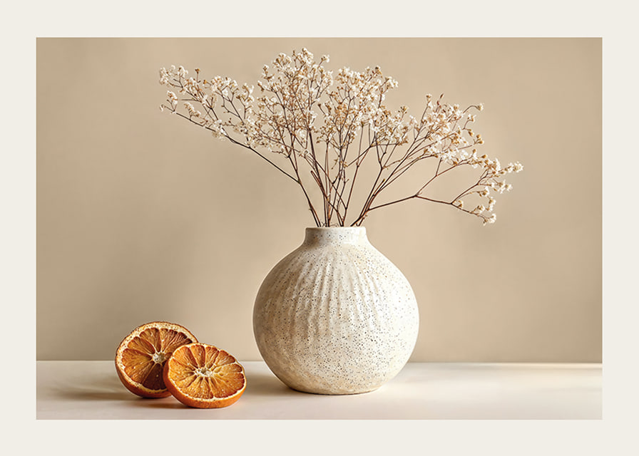 Elegant poster with a rustic vase and sliced ​​oranges-12