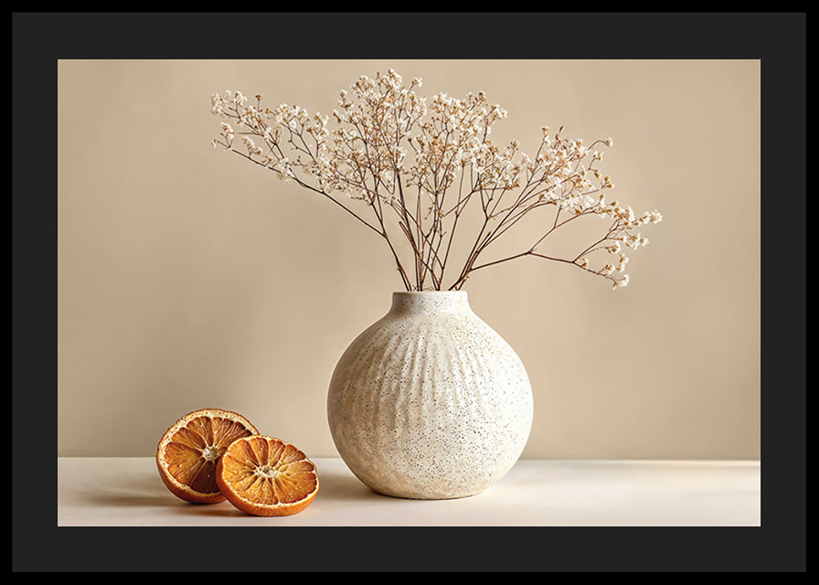 Elegant poster with a rustic vase and sliced ​​oranges-12