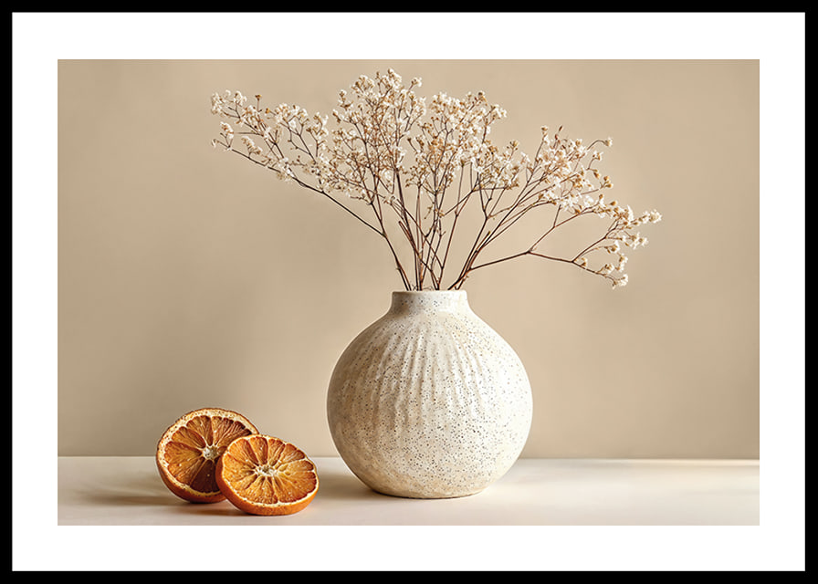 Elegant poster with a rustic vase and sliced ​​oranges-12