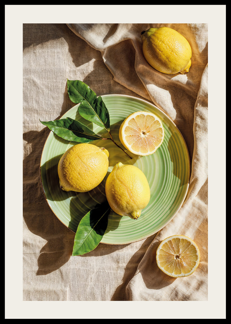 Vibrant lemons on a green plate in a sunny setting-12