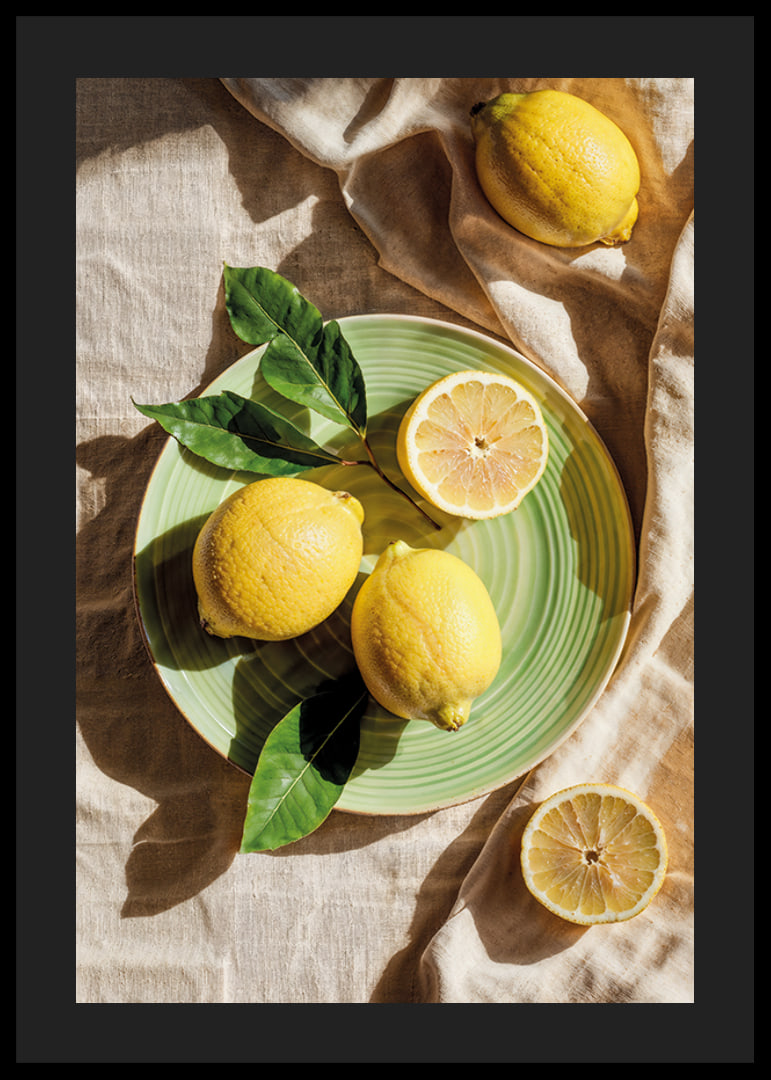 Vibrant lemons on a green plate in a sunny setting-12