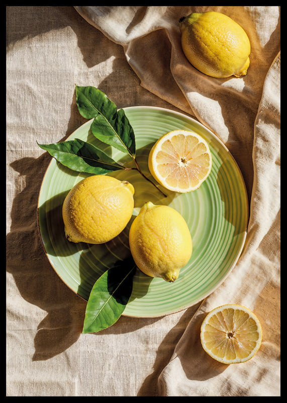 Vibrant lemons on a green plate in a sunny setting-12