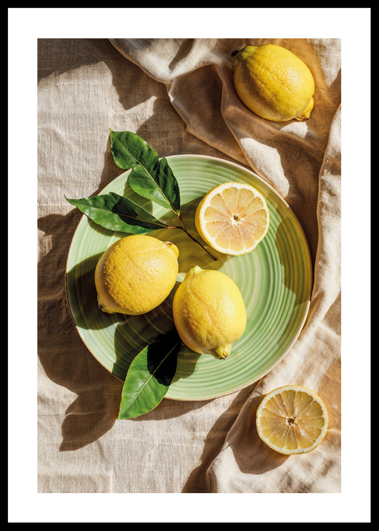 Vibrant lemons on a green plate in a sunny setting-12