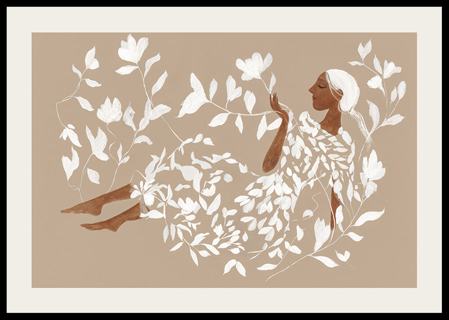 A dreamy figure surrounded by soft, white leaves-12