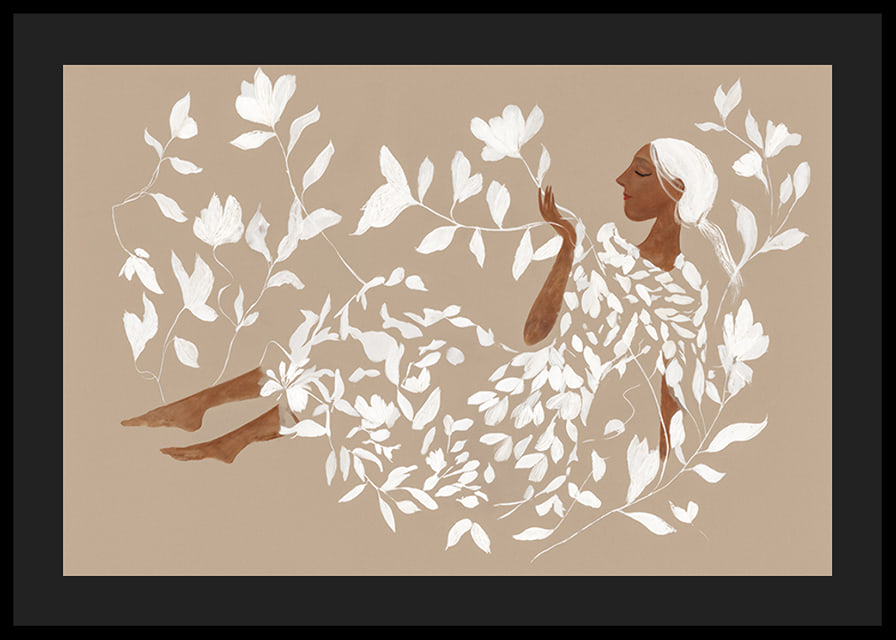 A dreamy figure surrounded by soft, white leaves-12