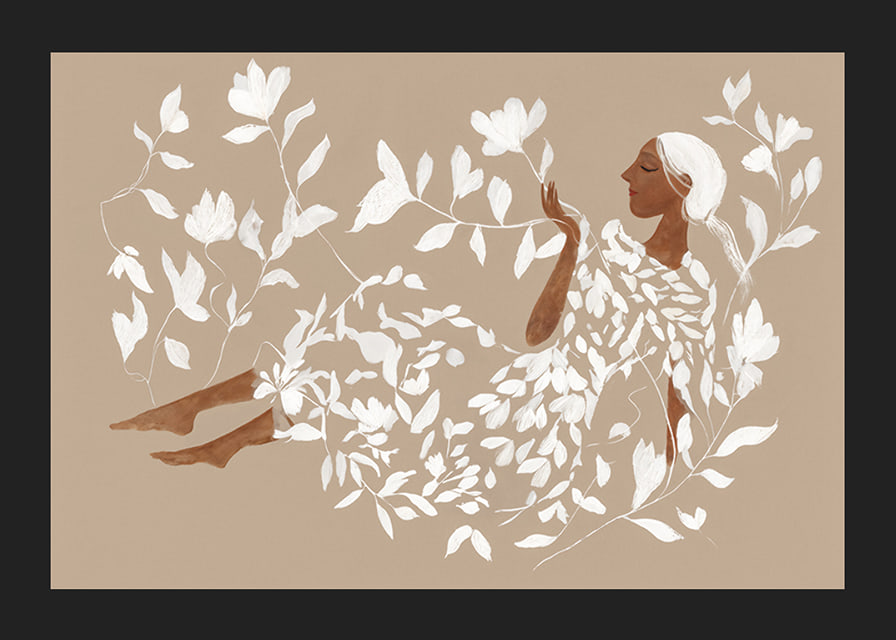 A dreamy figure surrounded by soft, white leaves-12