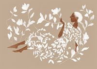 A dreamy figure surrounded by soft, white leaves-7