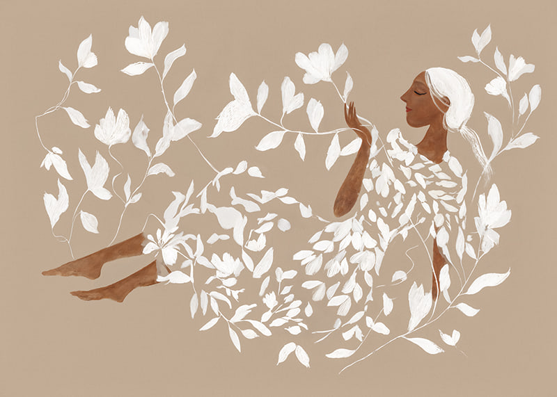A dreamy figure surrounded by soft, white leaves-12