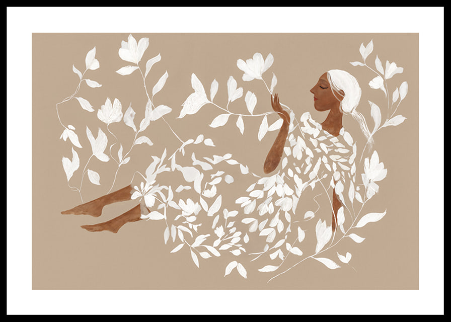 A dreamy figure surrounded by soft, white leaves-12