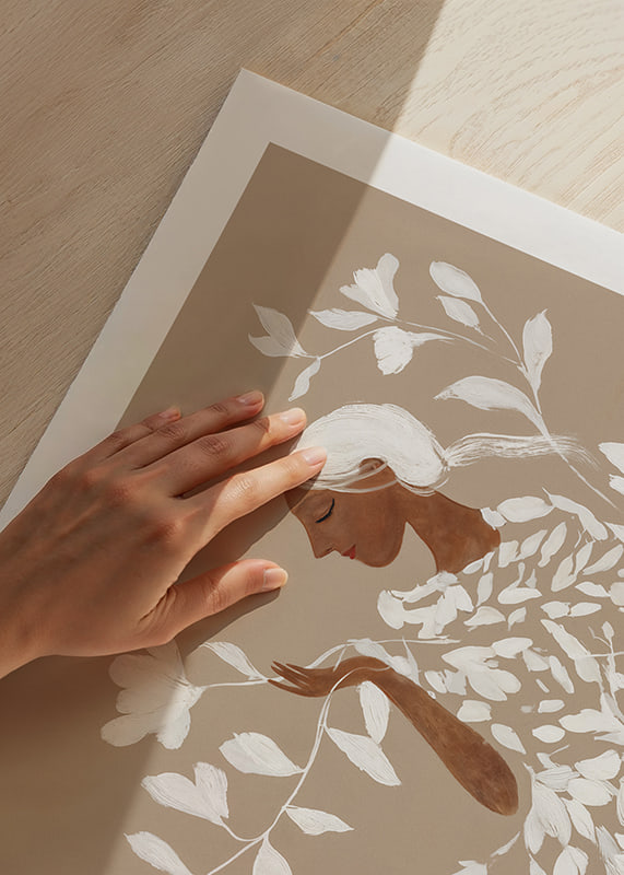 A dreamy figure surrounded by soft, white leaves-12