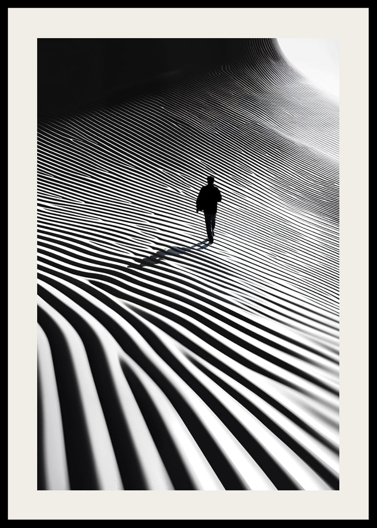A lone hiker moves through a surreal landscape of light, shadow and hypnotic lines-12