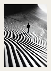 A lone hiker moves through a surreal landscape of light, shadow and hypnotic lines-3