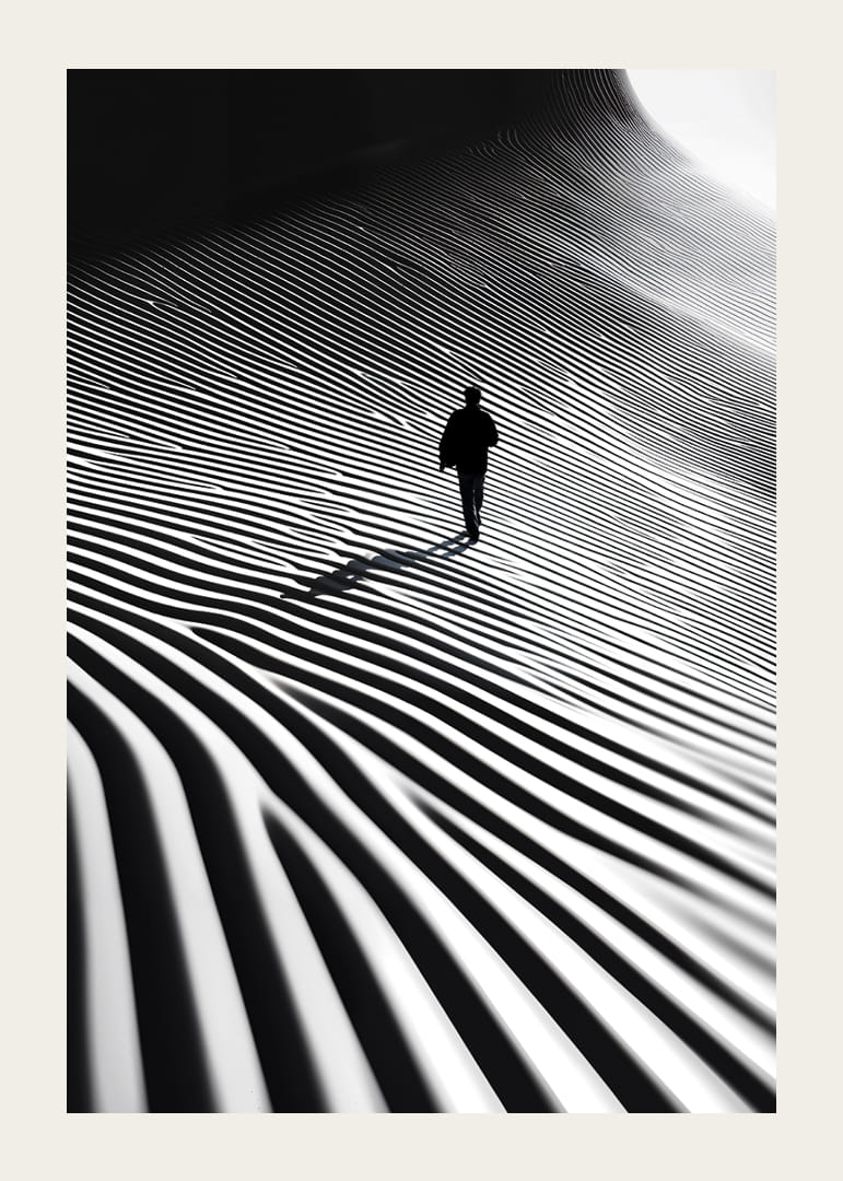 A lone hiker moves through a surreal landscape of light, shadow and hypnotic lines-12