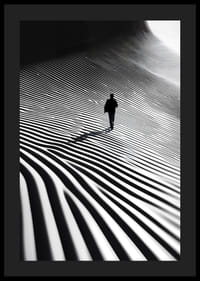 A lone hiker moves through a surreal landscape of light, shadow and hypnotic lines-4