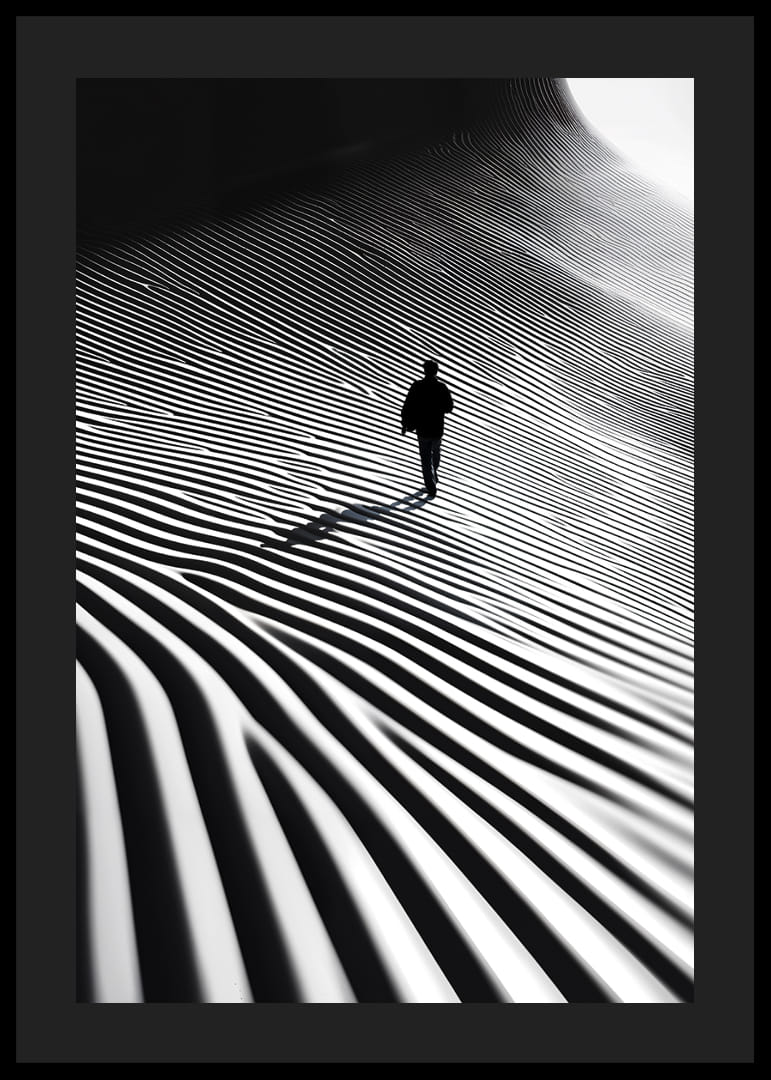 A lone hiker moves through a surreal landscape of light, shadow and hypnotic lines-12