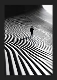 A lone hiker moves through a surreal landscape of light, shadow and hypnotic lines-5